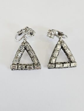 Vintage Clear Rhinestone Baguette Tringle Openwork Mid Century Clip On Earrings
